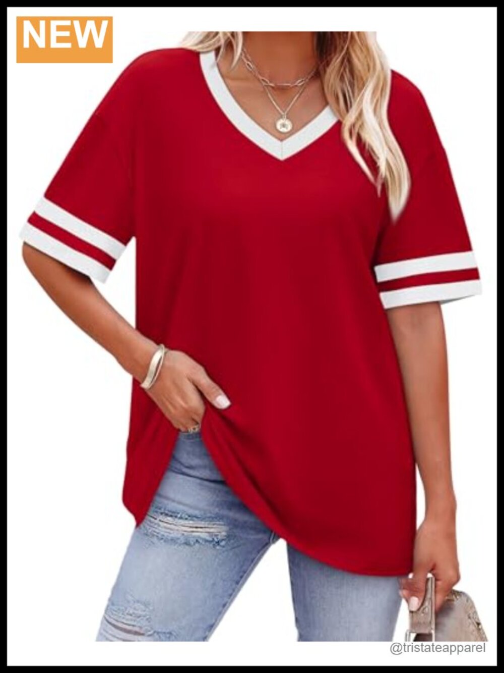 Womens Loose Fit V Neck Short Sleeve T Shirt Striped Cuff Casual Summer Top